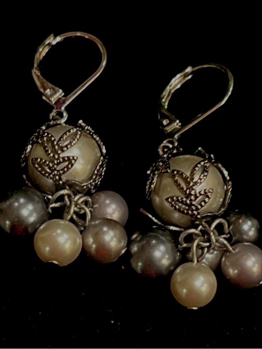 Pearl Cluster Drop Earrings - silver & Gray with Filigree Caps